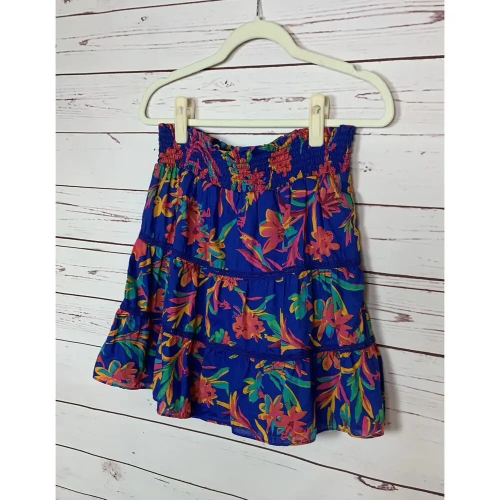 J.Crew Women's S Small Blue Floral Tropical Hawaiin Stretchy Waist Elastic Skirt